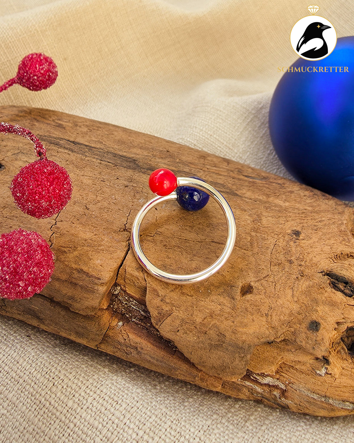 Double Trouble | Offener Kugelring mit Lapislazuli & Bambuskoralle aus 925 Silber