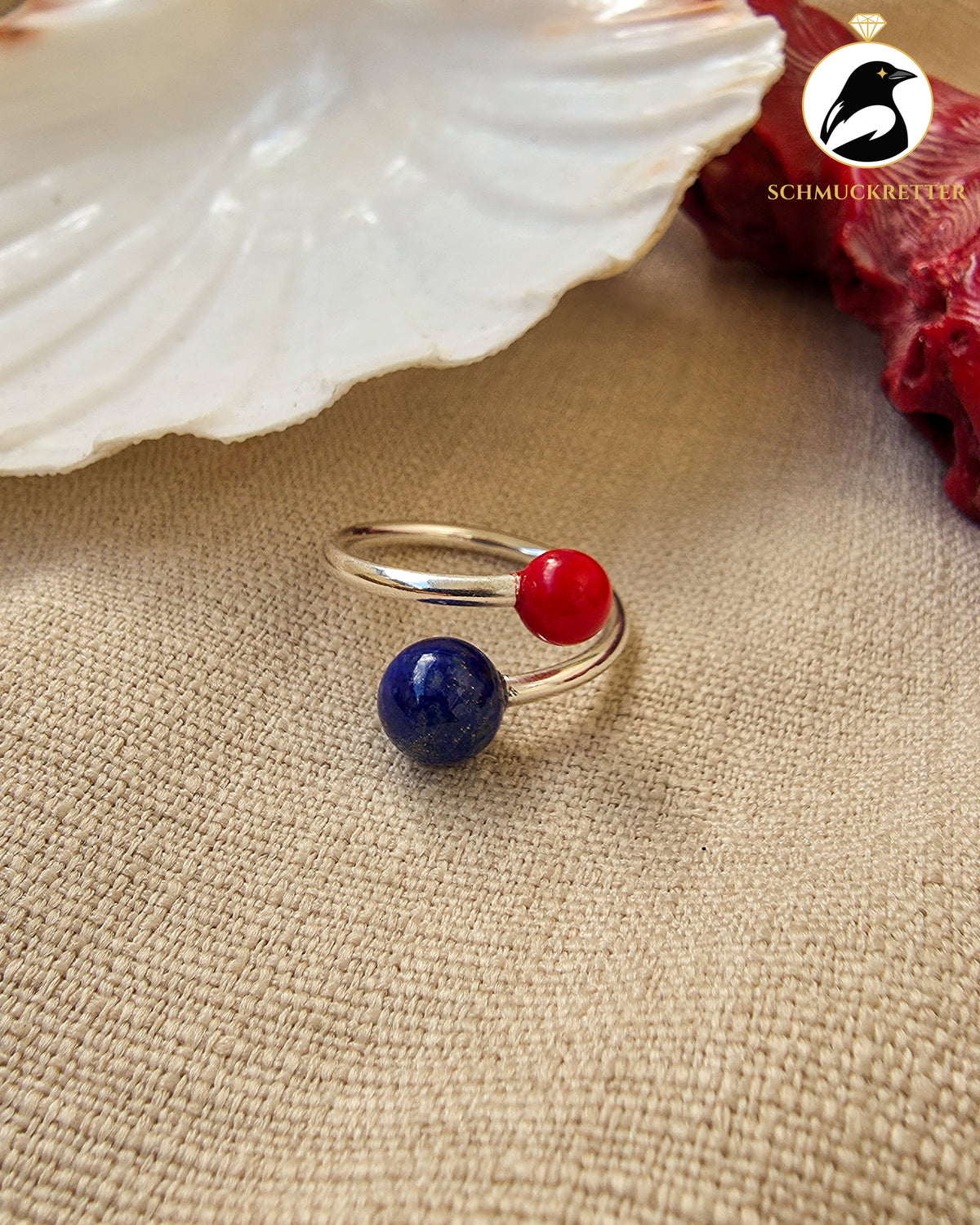 Double Trouble | Offener Kugelring mit Lapislazuli & Bambuskoralle aus 925 Silber