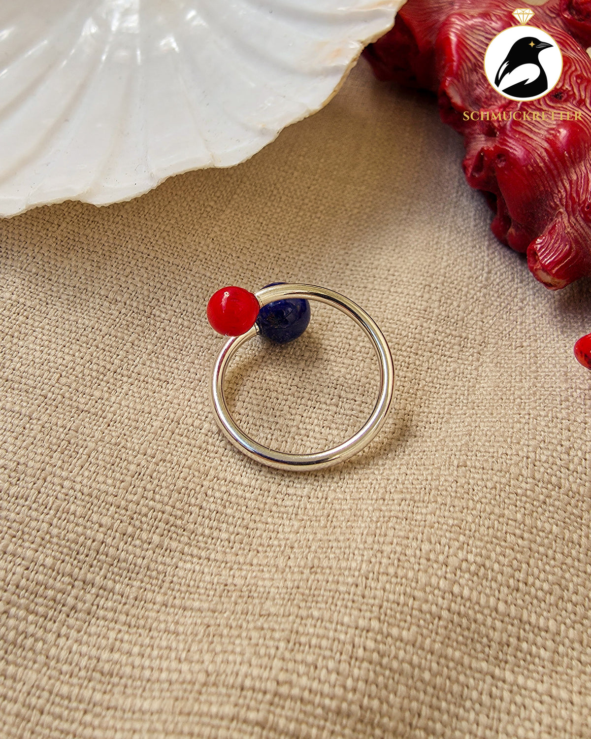 Double Trouble | Offener Kugelring mit Lapislazuli & Bambuskoralle aus 925 Silber