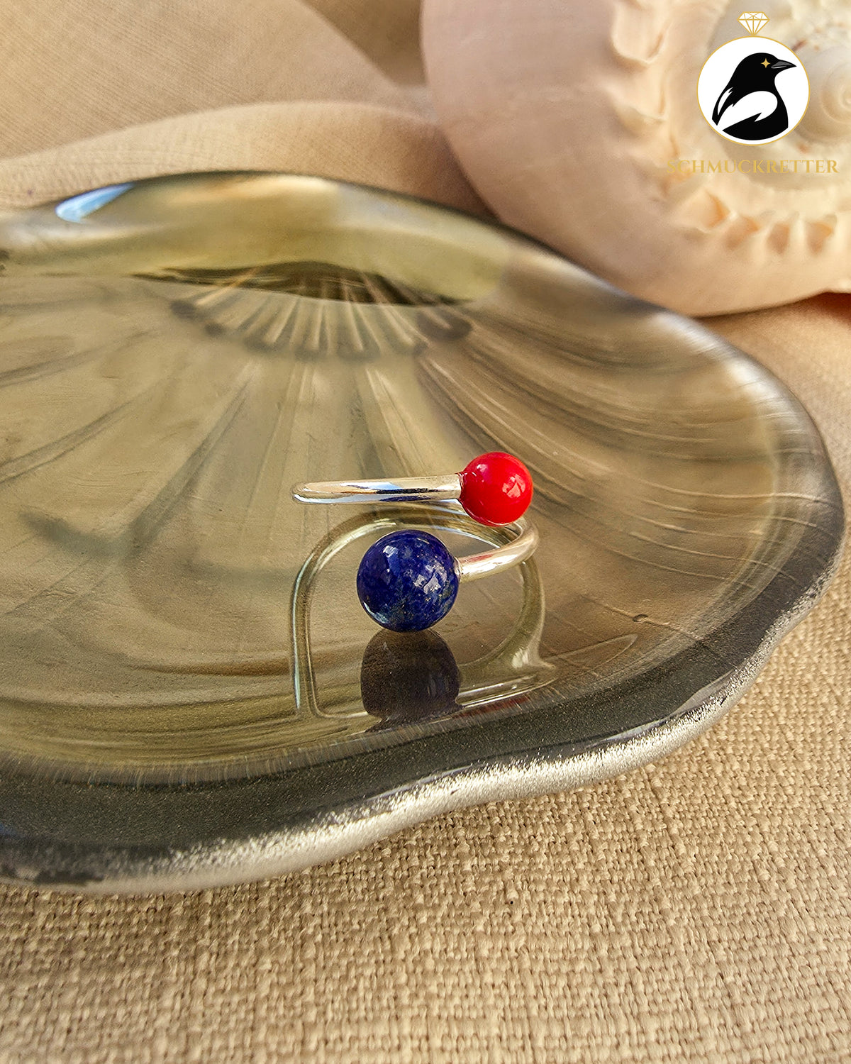Double Trouble | Offener Kugelring mit Lapislazuli & Bambuskoralle aus 925 Silber
