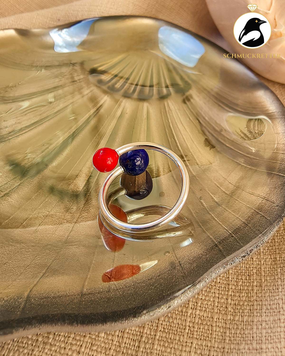 Double Trouble | Offener Kugelring mit Lapislazuli & Bambuskoralle aus 925 Silber