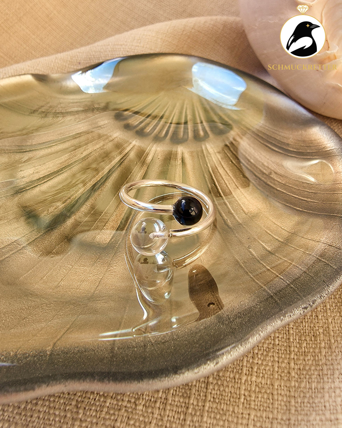 Double Trouble | Offener Kugelring mit Bergkristall & Onyx aus 925 Silber