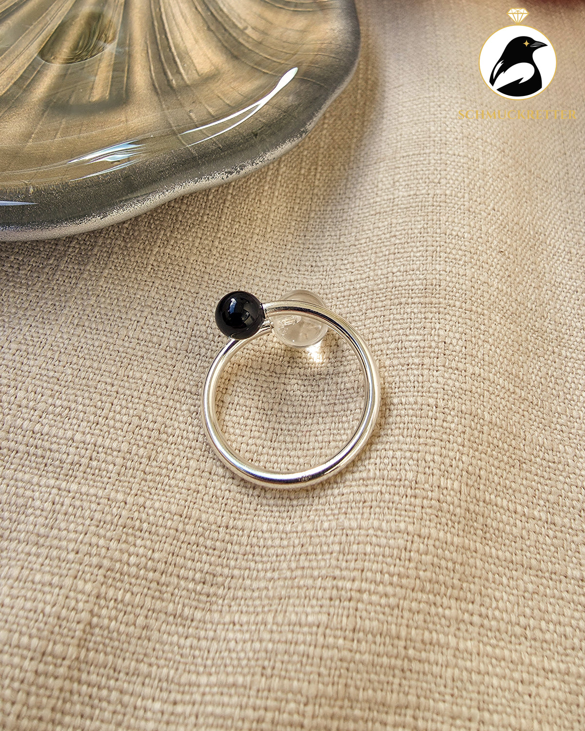 Double Trouble | Offener Kugelring mit Bergkristall & Onyx aus 925 Silber