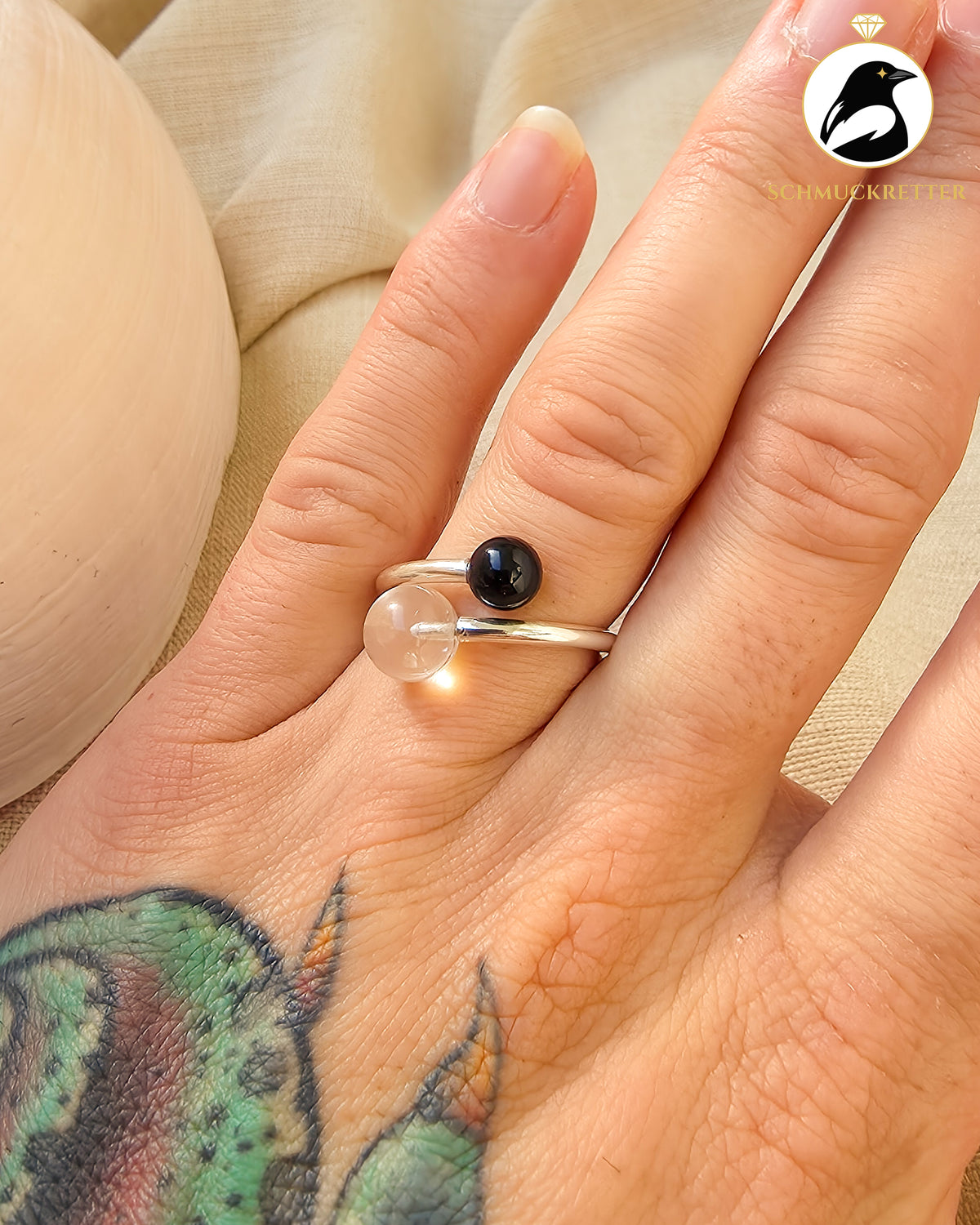 Double Trouble | Offener Kugelring mit Bergkristall & Onyx aus 925 Silber