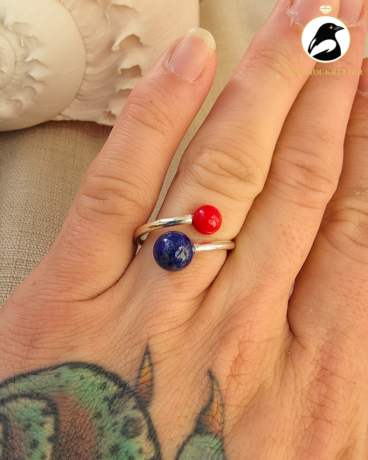 Double Trouble | Offener Kugelring mit Lapislazuli & Bambuskoralle aus 925 Silber