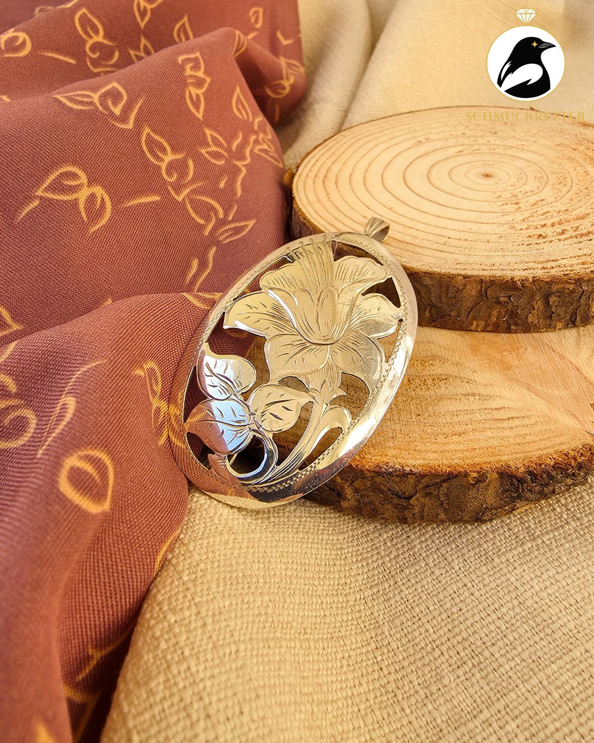 Vintage Brosche & Anhänger mit Blumenmotiv – 830 Silber Handarbeit