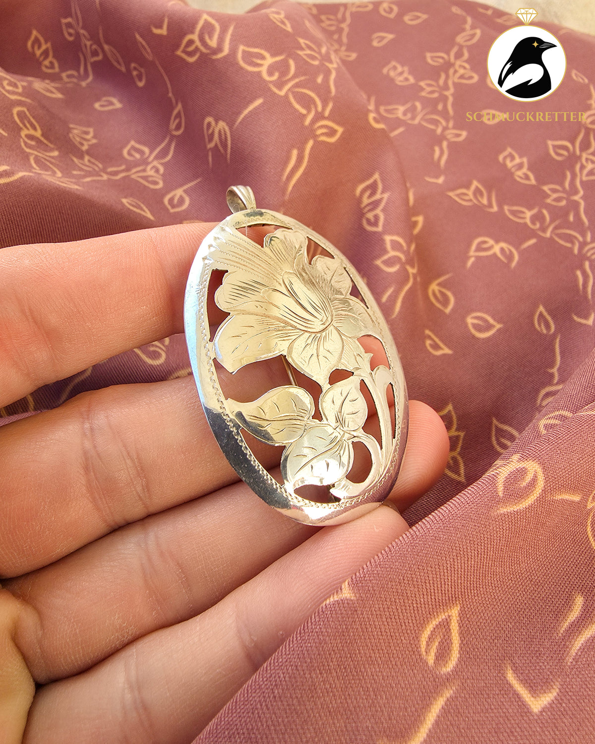 Vintage Brosche & Anhänger mit Blumenmotiv – 830 Silber Handarbeit
