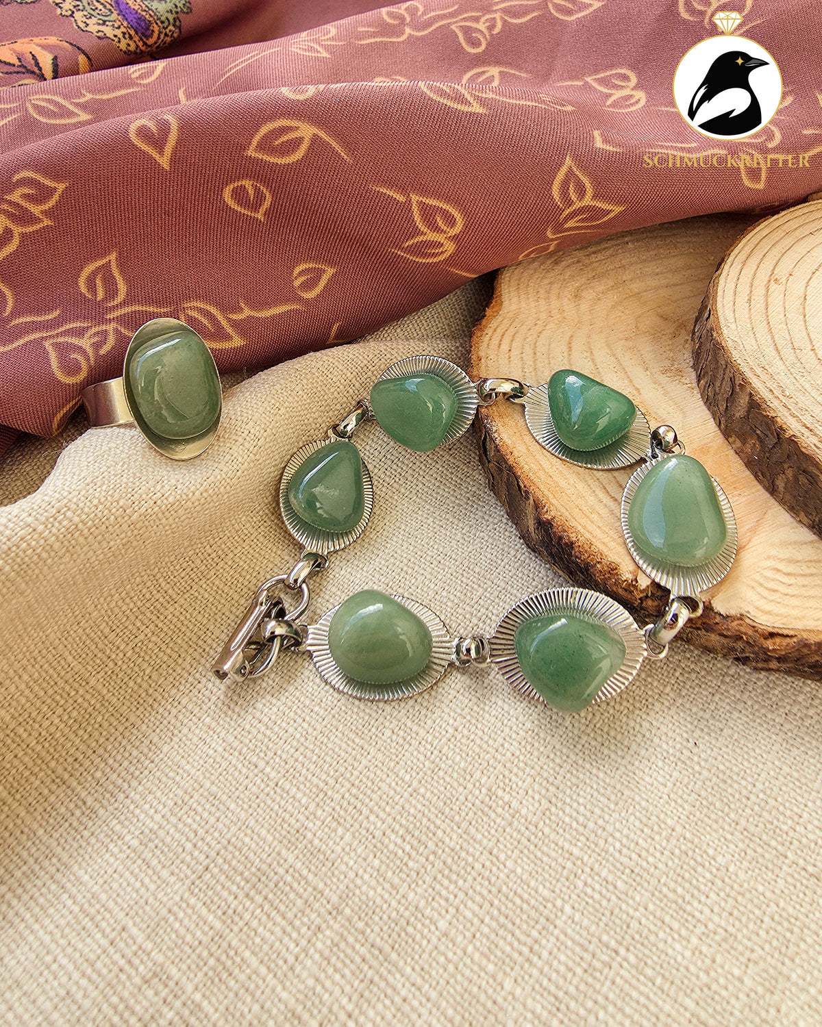Vintage Schmuckset mit grünem Aventurin – Armband & Ring in Silberoptik