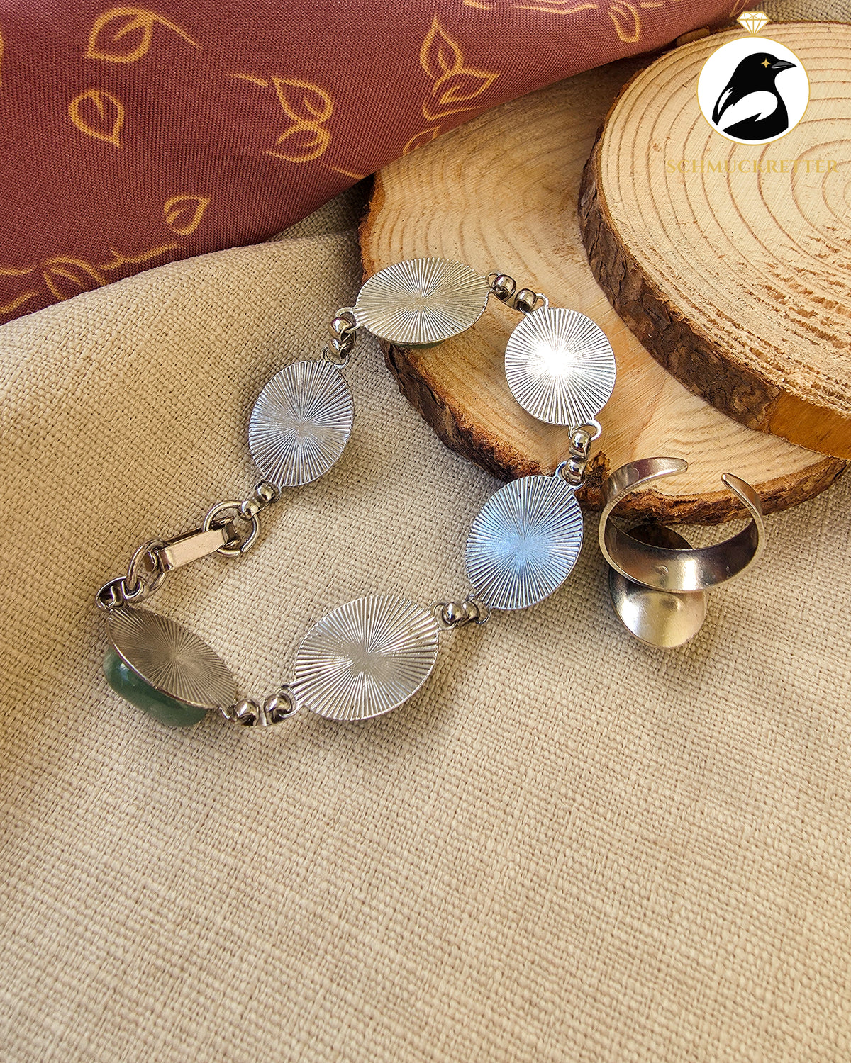 Vintage Schmuckset mit grünem Aventurin – Armband & Ring in Silberoptik