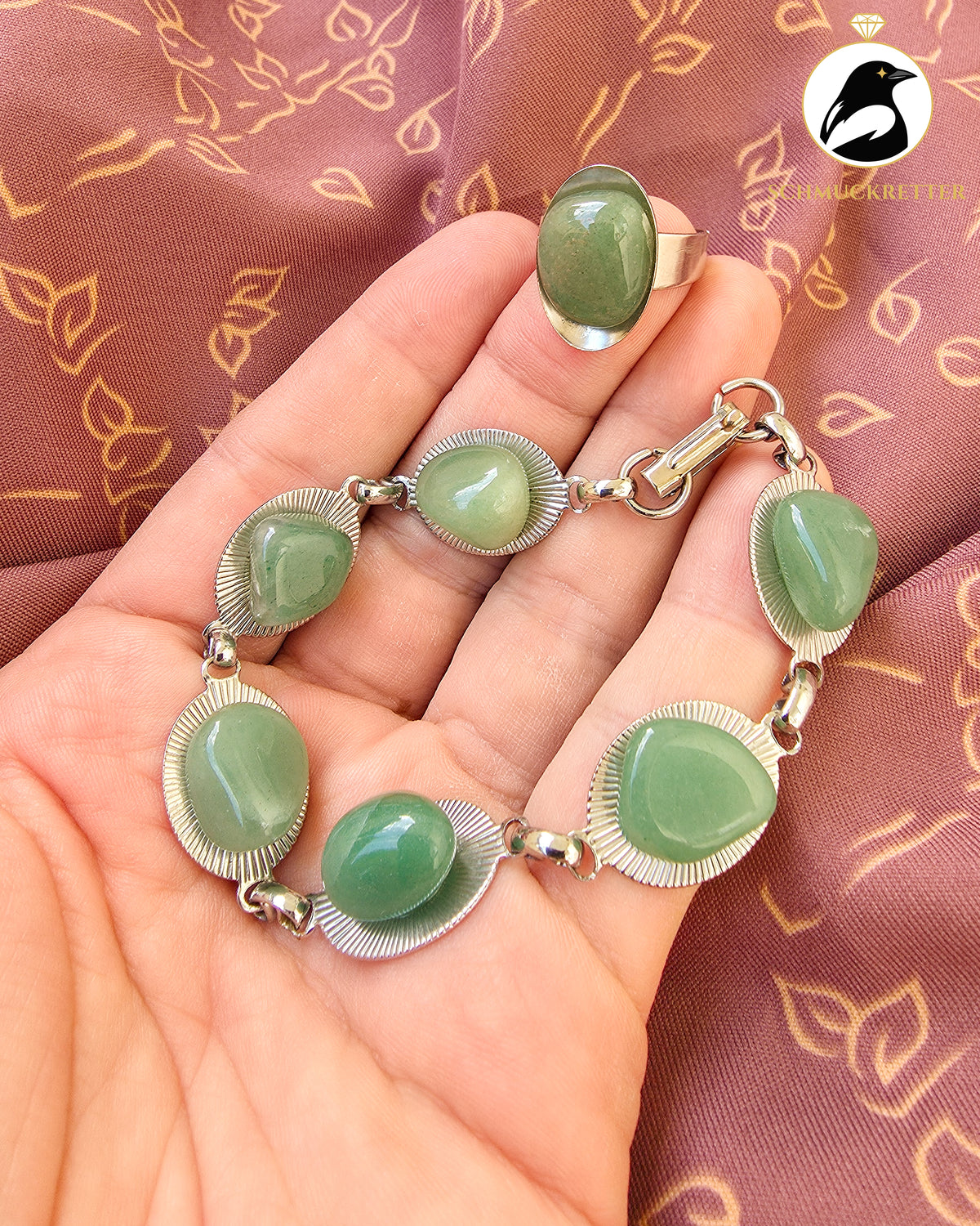 Vintage Schmuckset mit grünem Aventurin – Armband & Ring in Silberoptik