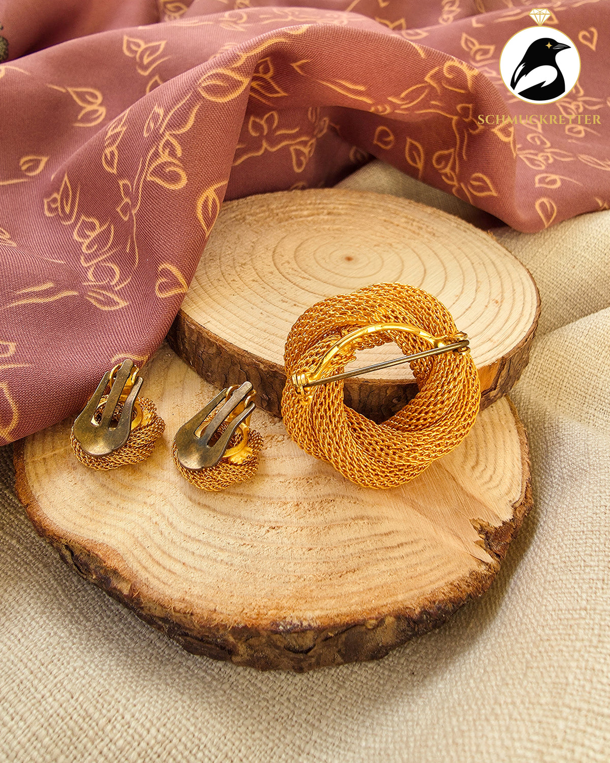 Vintage Schmuckset der 50er/60er Jahre – Brosche & Ohrclips in Goldoptik