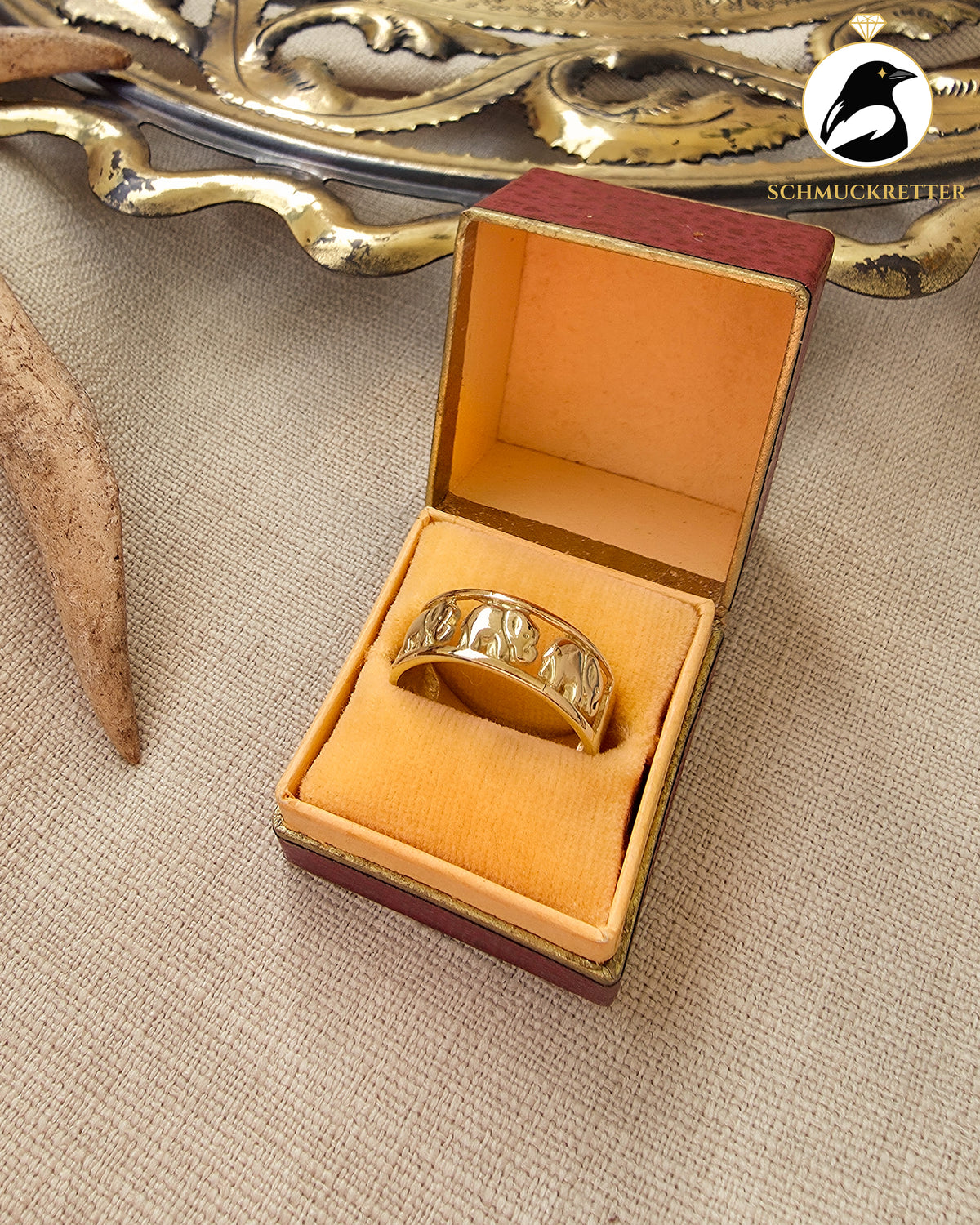 750 Goldring mit Elefanten – Vintage Ring aus 18 Karat Gold, Gr. 60
