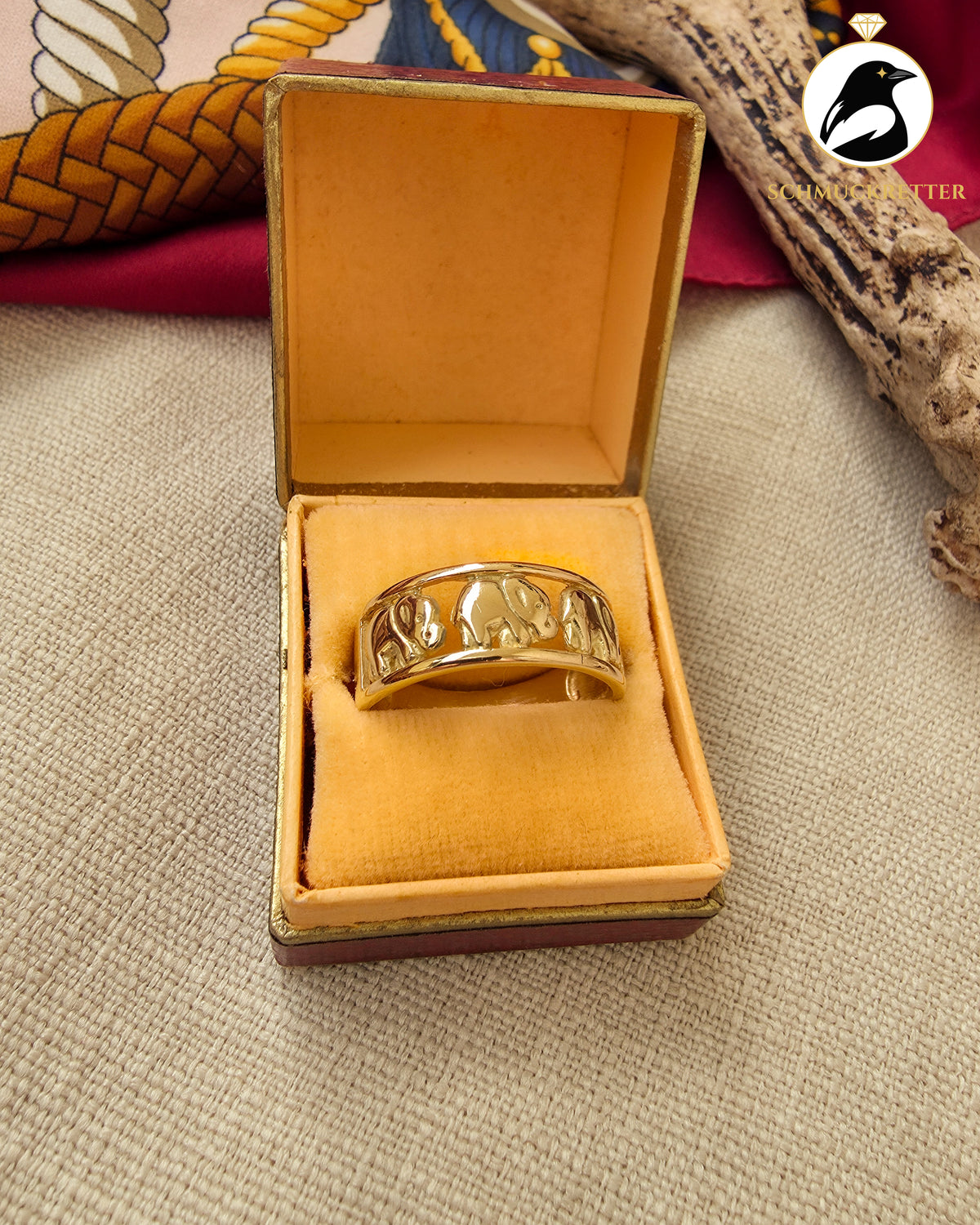 750 Goldring mit Elefanten – Vintage Ring aus 18 Karat Gold, Gr. 60