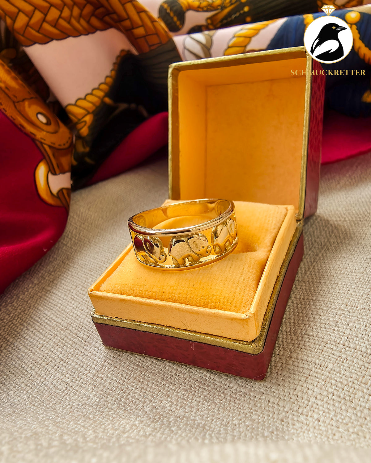750 Goldring mit Elefanten – Vintage Ring aus 18 Karat Gold, Gr. 60