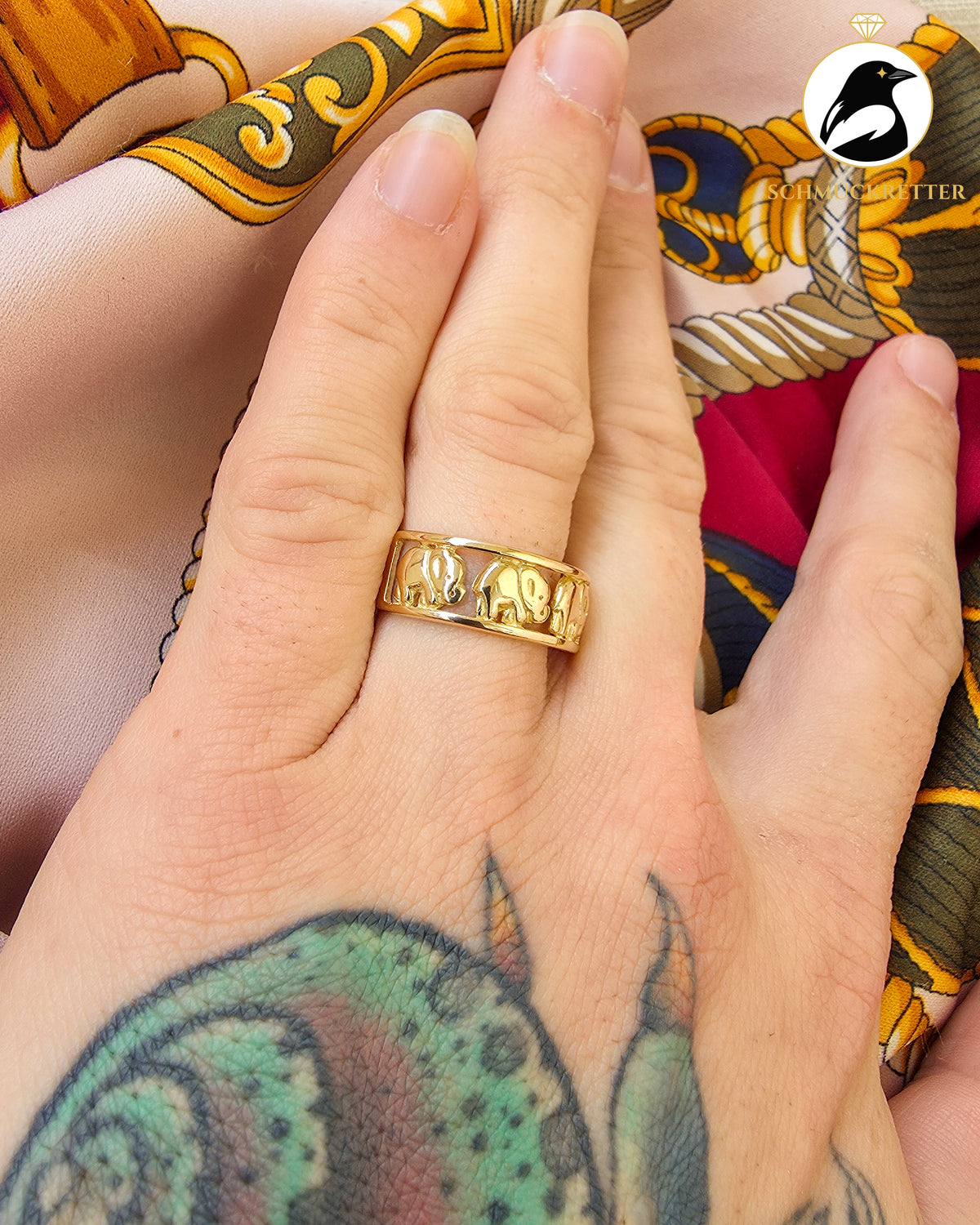 750 Goldring mit Elefanten – Vintage Ring aus 18 Karat Gold, Gr. 60