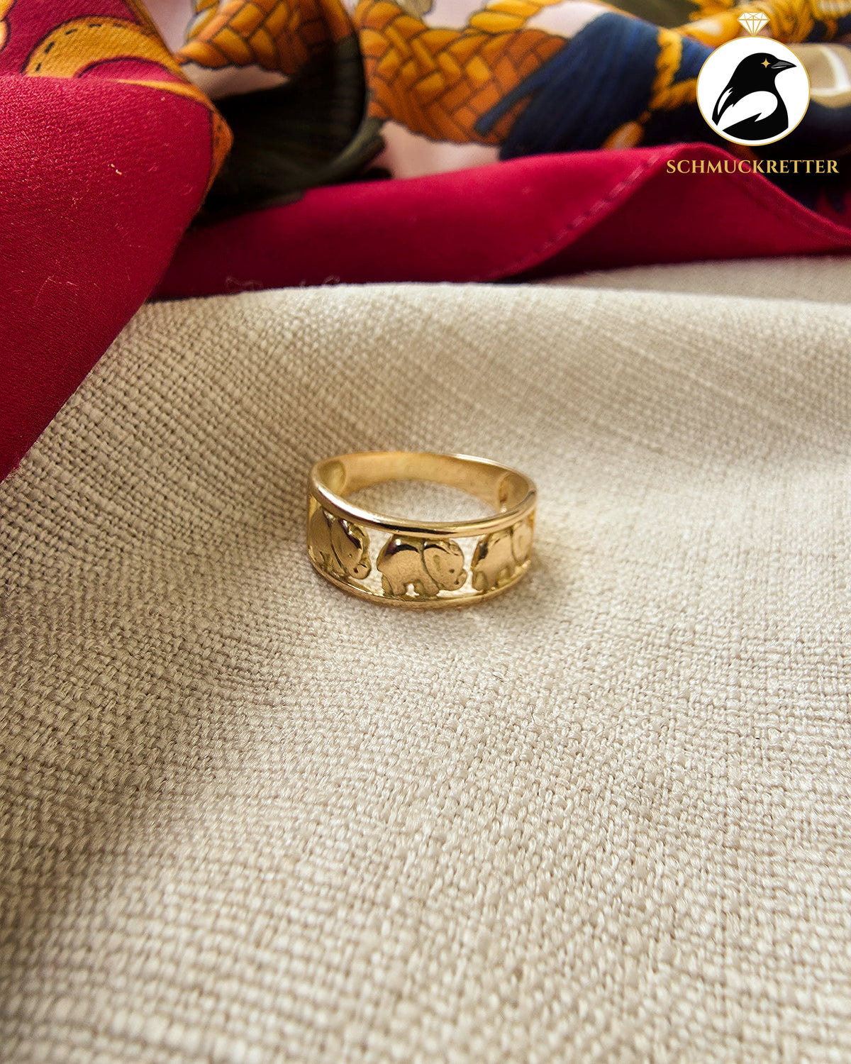 750 Goldring mit Elefanten – Vintage Ring aus 18 Karat Gold, Gr. 60
