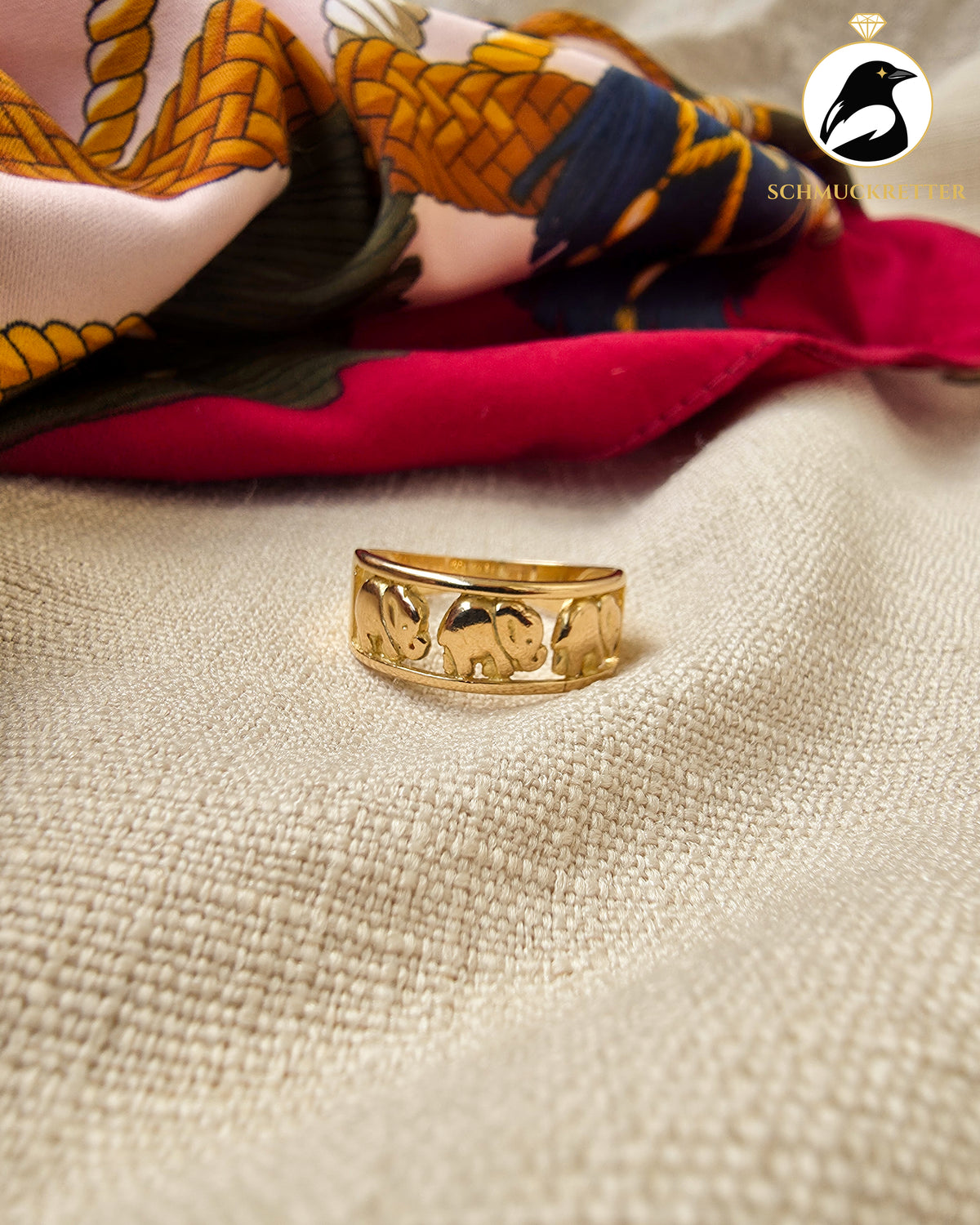 750 Goldring mit Elefanten – Vintage Ring aus 18 Karat Gold, Gr. 60