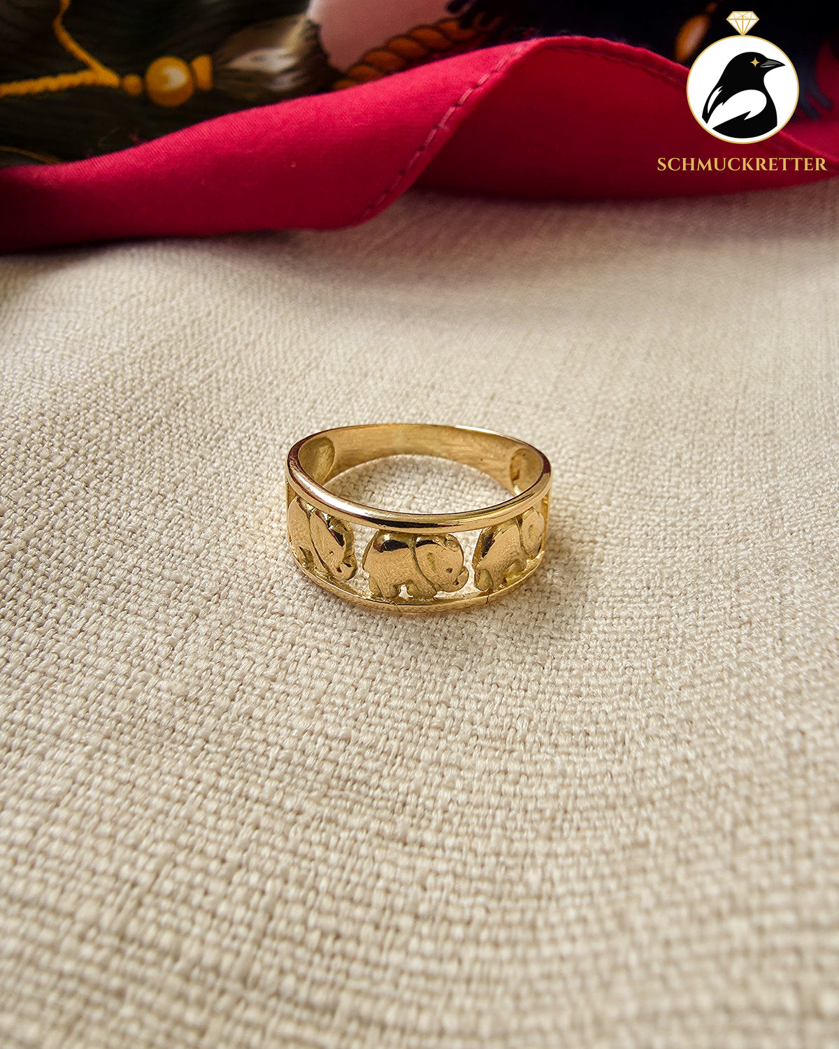 750 Goldring mit Elefanten – Vintage Ring aus 18 Karat Gold, Gr. 60