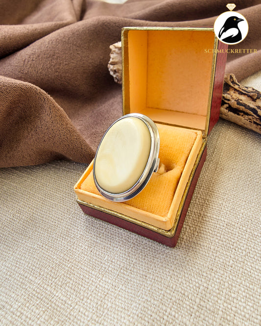 Vintage Silberring mit ovaler Beinplatte – großer Statementring aus Echtsilber, Gr. 61