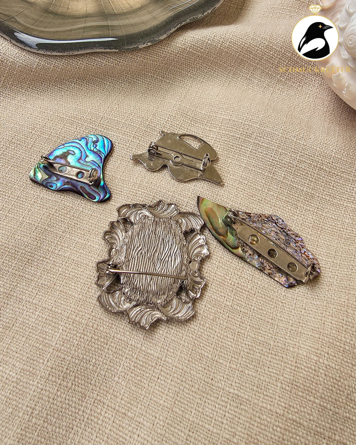 Vintage Broschen-Set mit Perlmutt & Abalone – 4 florale Schmuckstücke