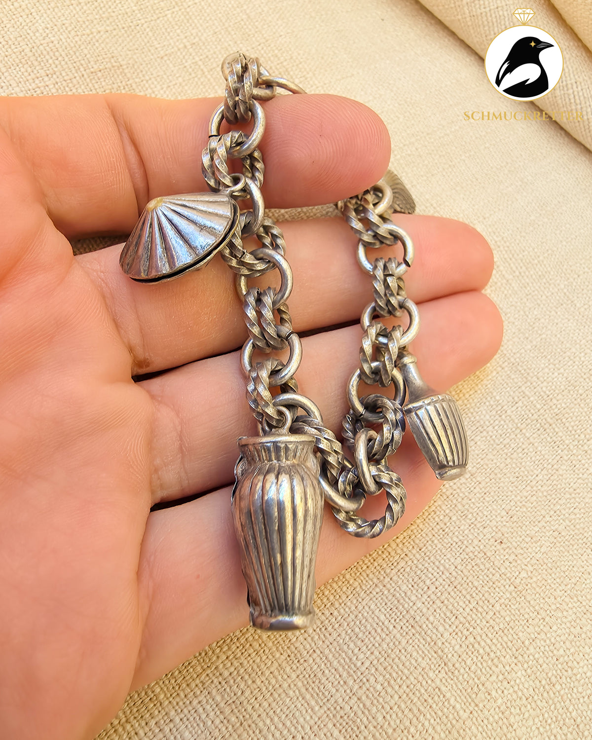 Vintage Bettelarmband versilbert - maritime Anhänger mit Muschelmotiven