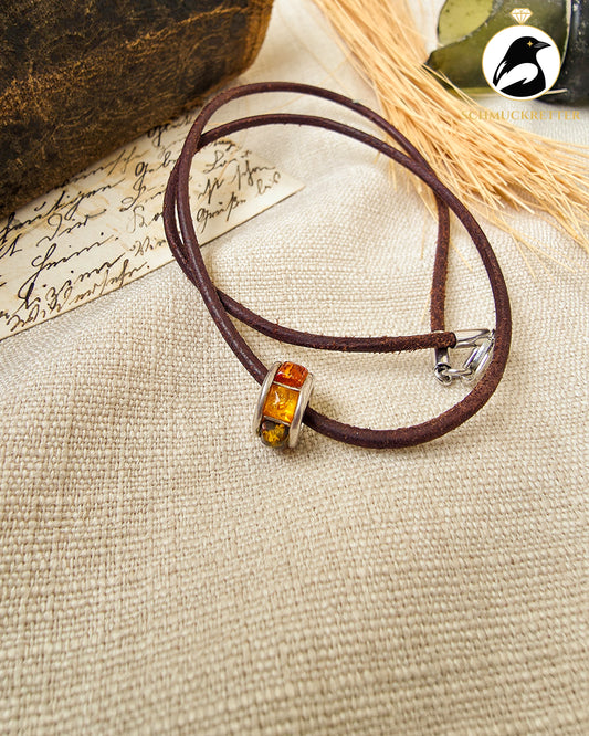 Braune Lederkette mit Bernstein-Charm │925 Silber