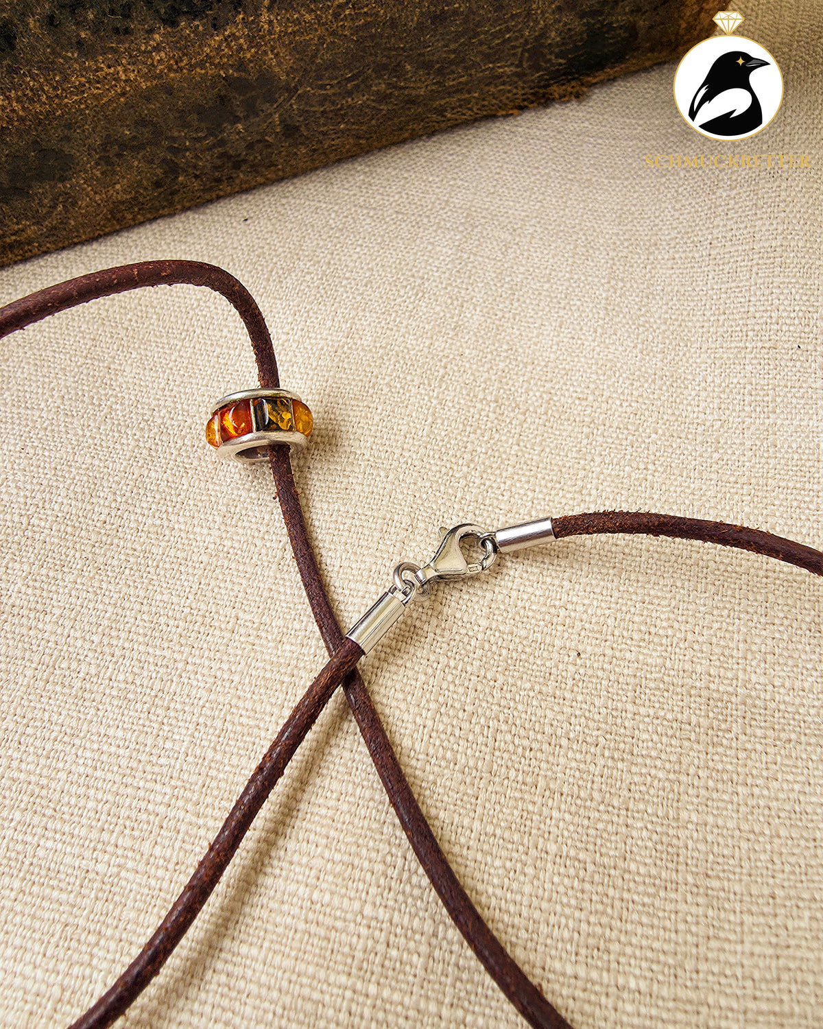 Braune Lederkette mit Bernstein-Charm │925 Silber