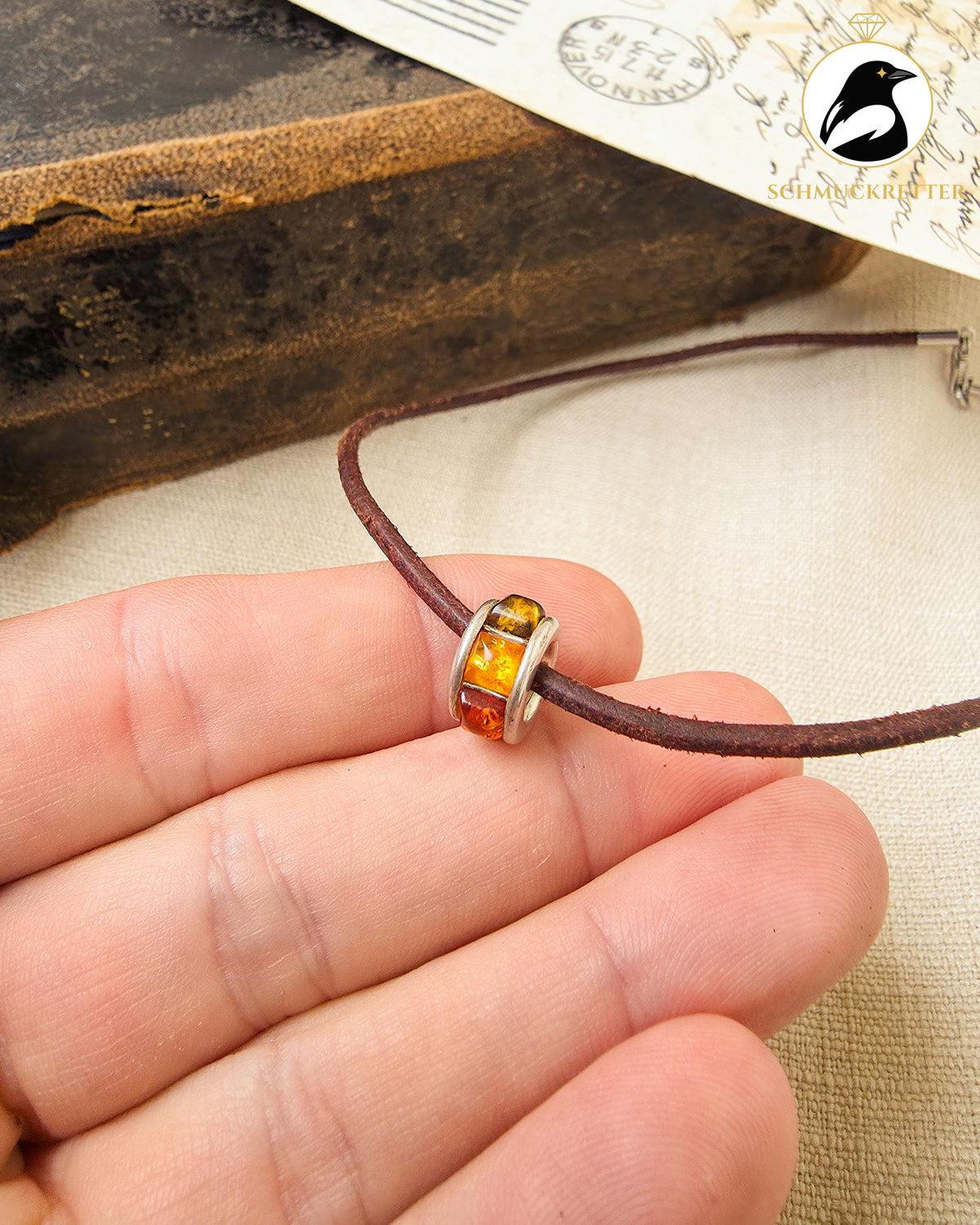 Braune Lederkette mit Bernstein-Charm │925 Silber