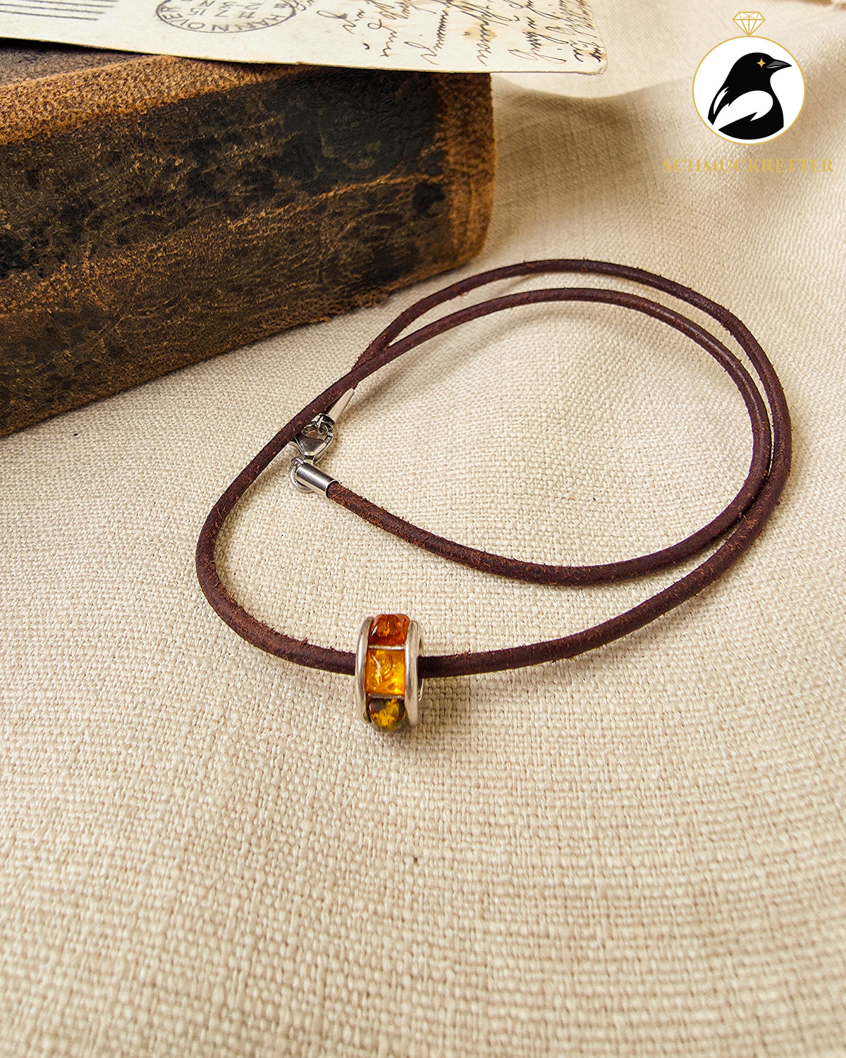 Braune Lederkette mit Bernstein-Charm │925 Silber