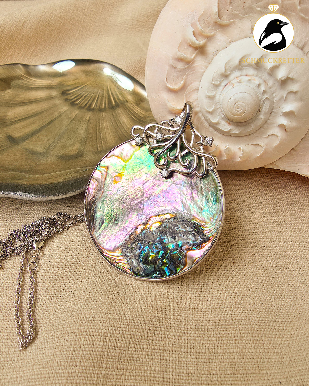 Riesiger Paua Muschel Anhänger mit Zirkonia │passende Silberkette │925 Silber