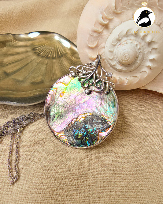 Riesiger Paua Muschel Anhänger mit Zirkonia │passende Silberkette │925 Silber