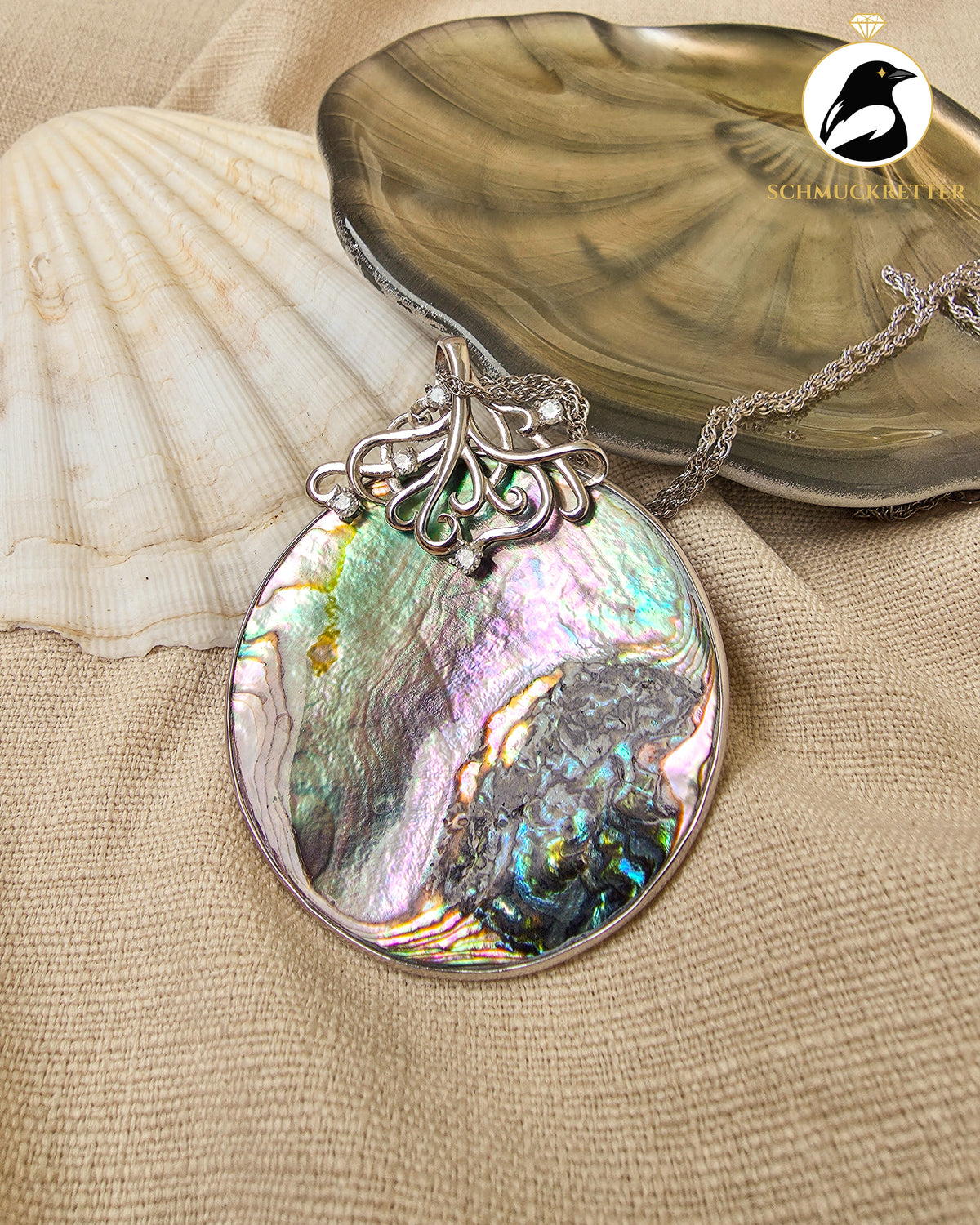Riesiger Paua Muschel Anhänger mit Zirkonia │passende Silberkette │925 Silber
