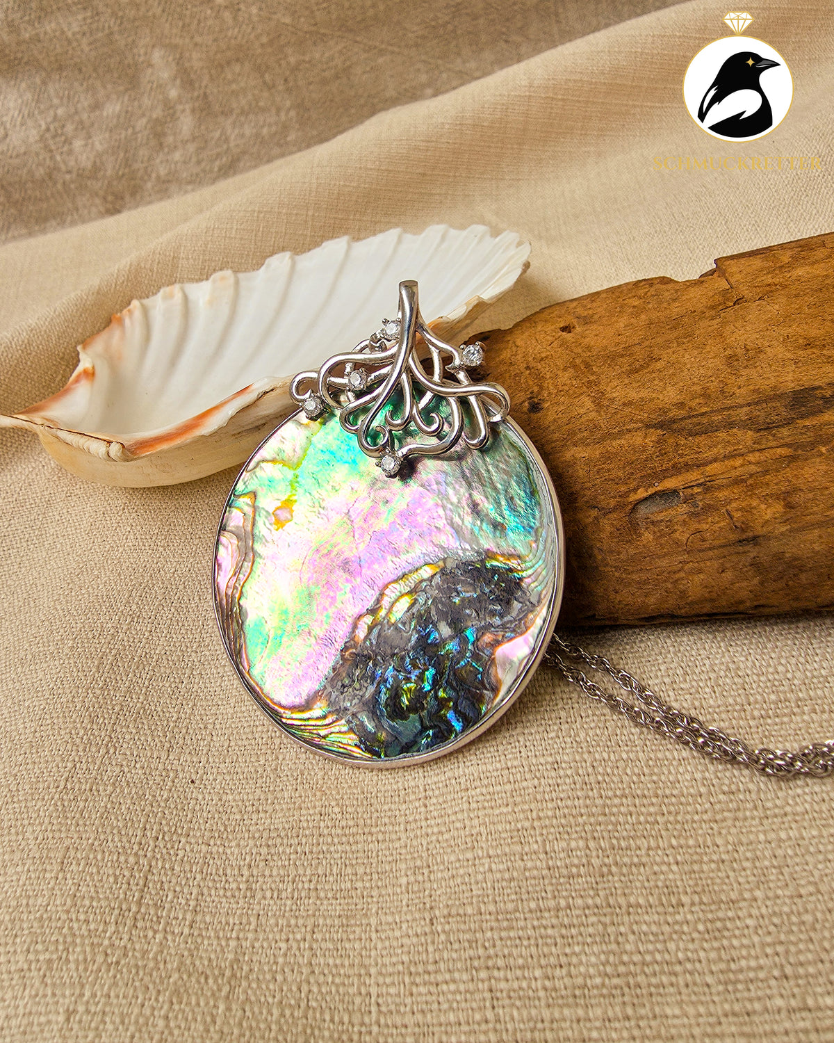 Riesiger Paua Muschel Anhänger mit Zirkonia │passende Silberkette │925 Silber