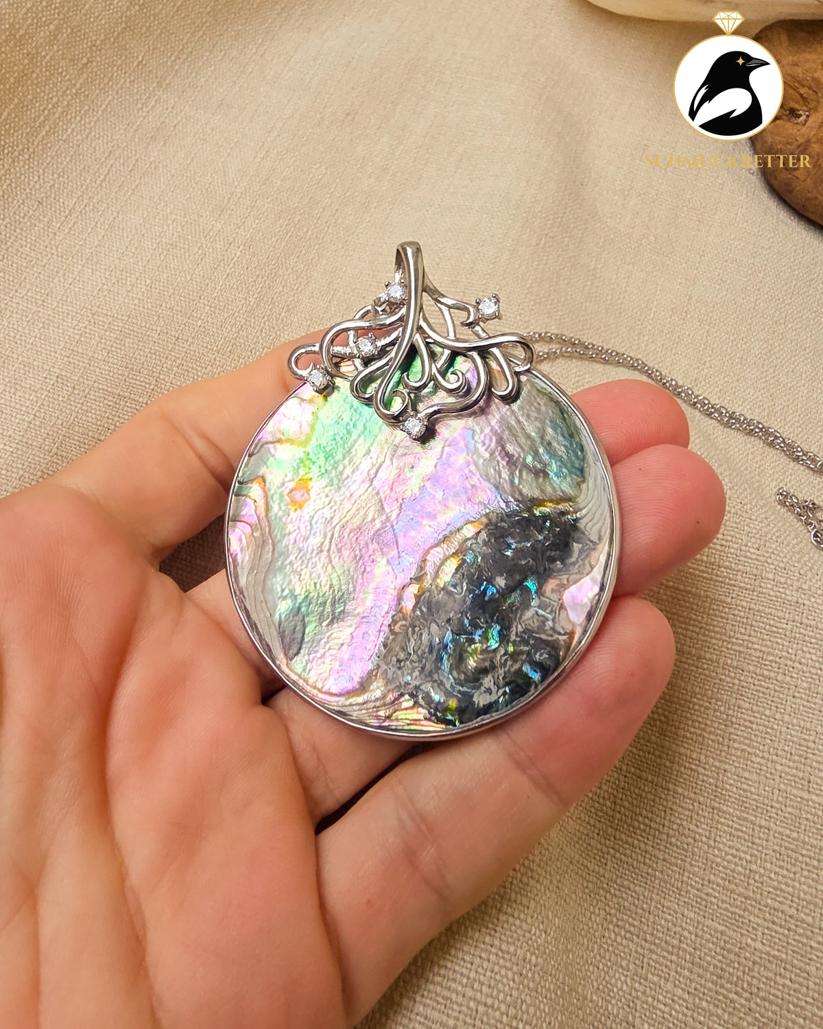 Riesiger Paua Muschel Anhänger mit Zirkonia │passende Silberkette │925 Silber