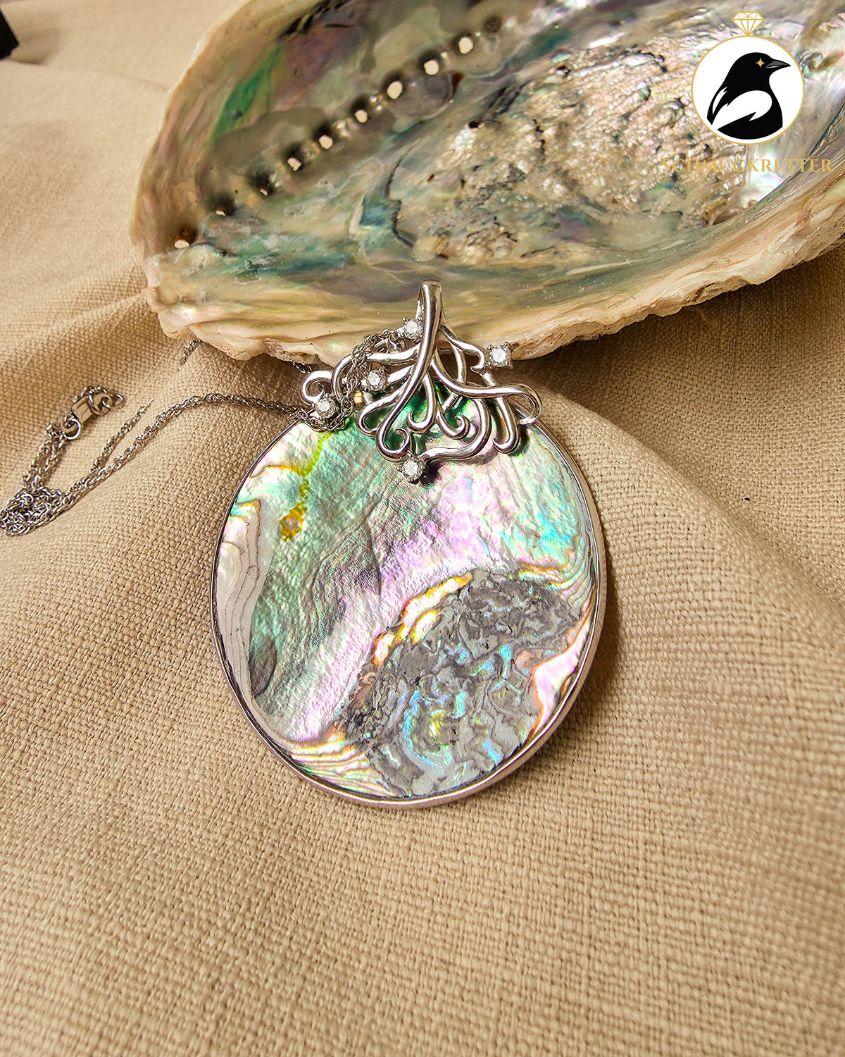 Riesiger Paua Muschel Anhänger mit Zirkonia │passende Silberkette │925 Silber