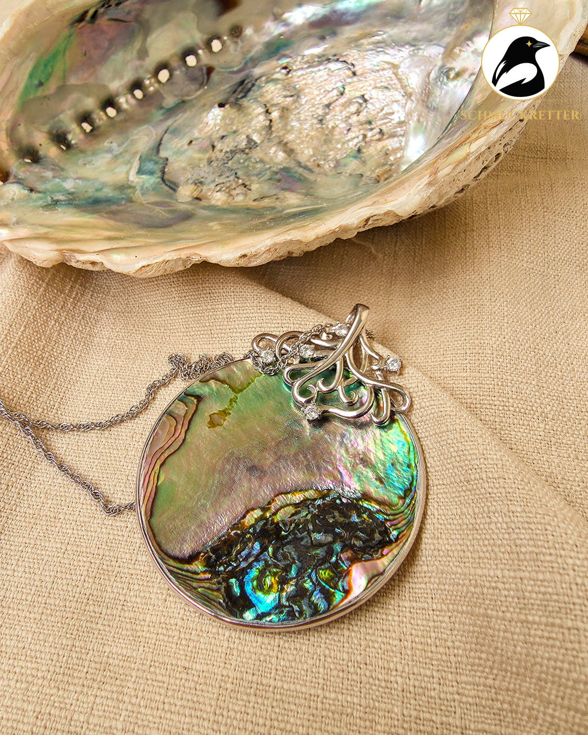 Riesiger Paua Muschel Anhänger mit Zirkonia │passende Silberkette │925 Silber