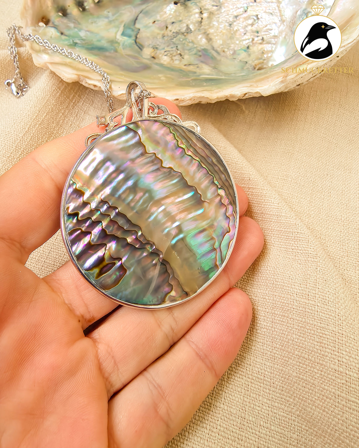 Riesiger Paua Muschel Anhänger mit Zirkonia │passende Silberkette │925 Silber