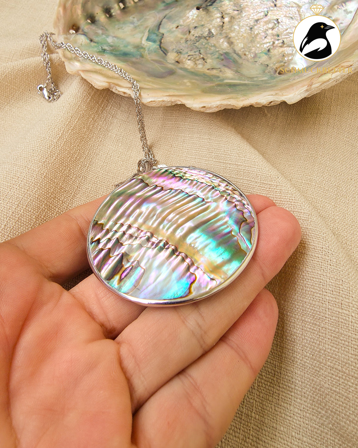 Riesiger Paua Muschel Anhänger mit Zirkonia │passende Silberkette │925 Silber