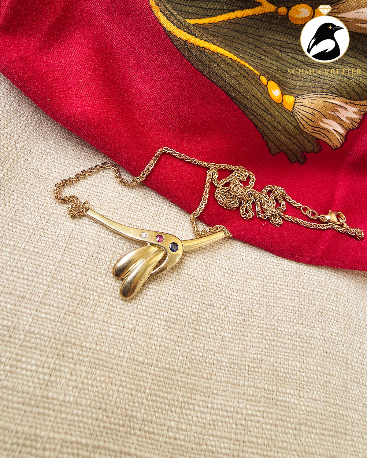 333 Goldcollier mit Rubin, Saphir & Zirkonia – Vintage von Theodor Klotz