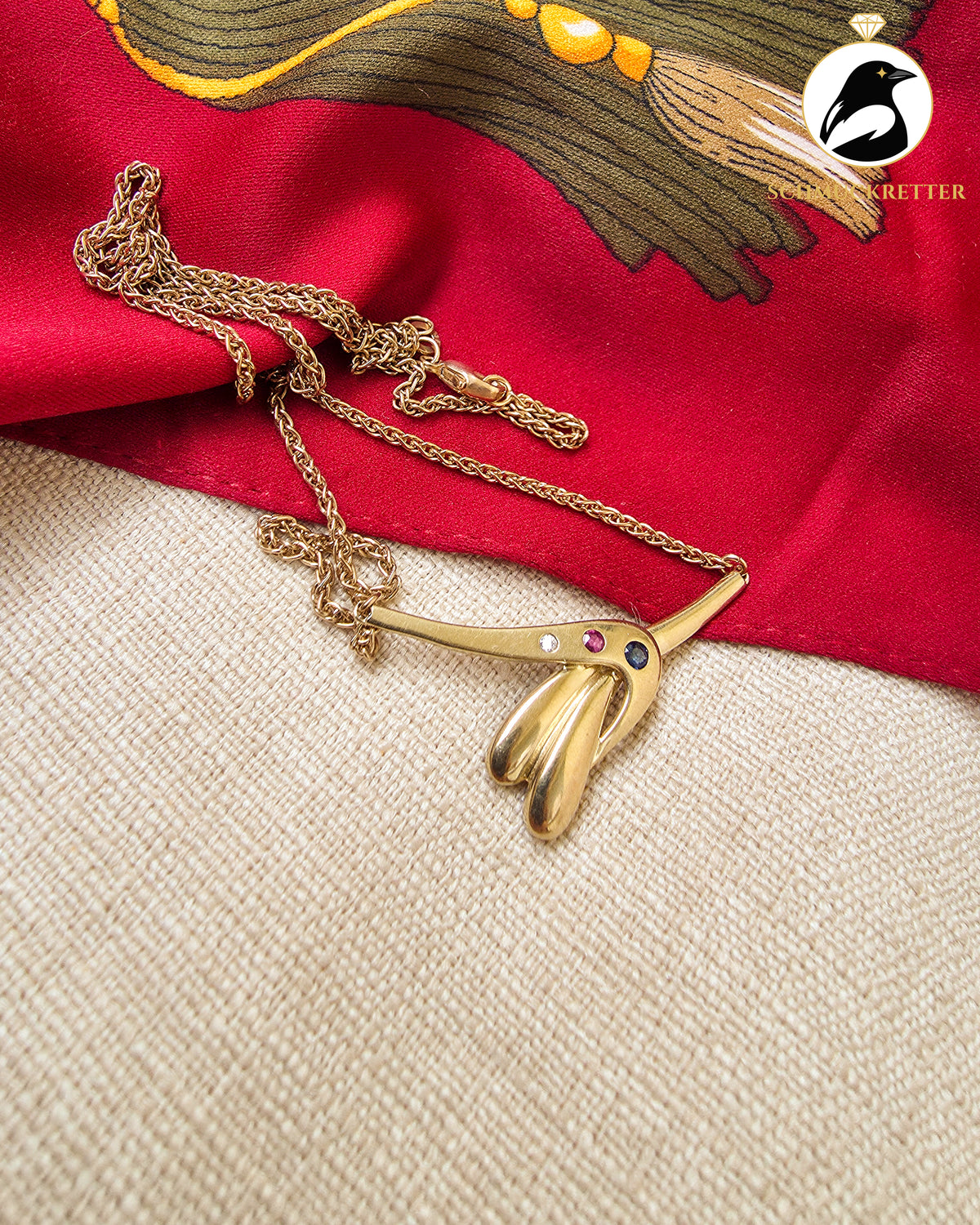 333 Goldcollier mit Rubin, Saphir & Zirkonia – Vintage von Theodor Klotz