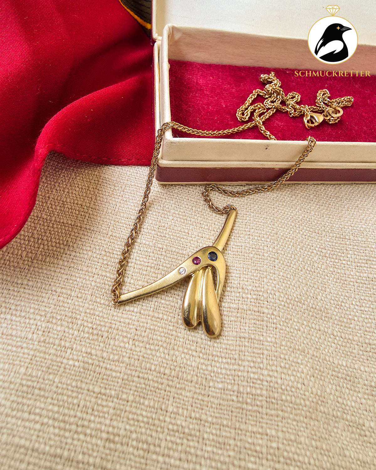 333 Goldcollier mit Rubin, Saphir & Zirkonia – Vintage von Theodor Klotz