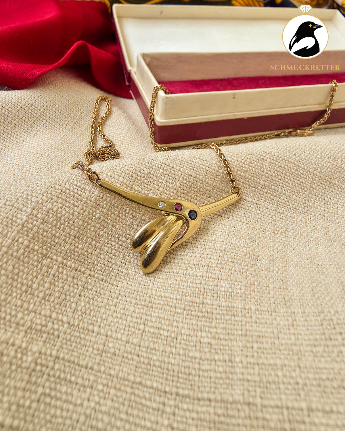 333 Goldcollier mit Rubin, Saphir & Zirkonia – Vintage von Theodor Klotz