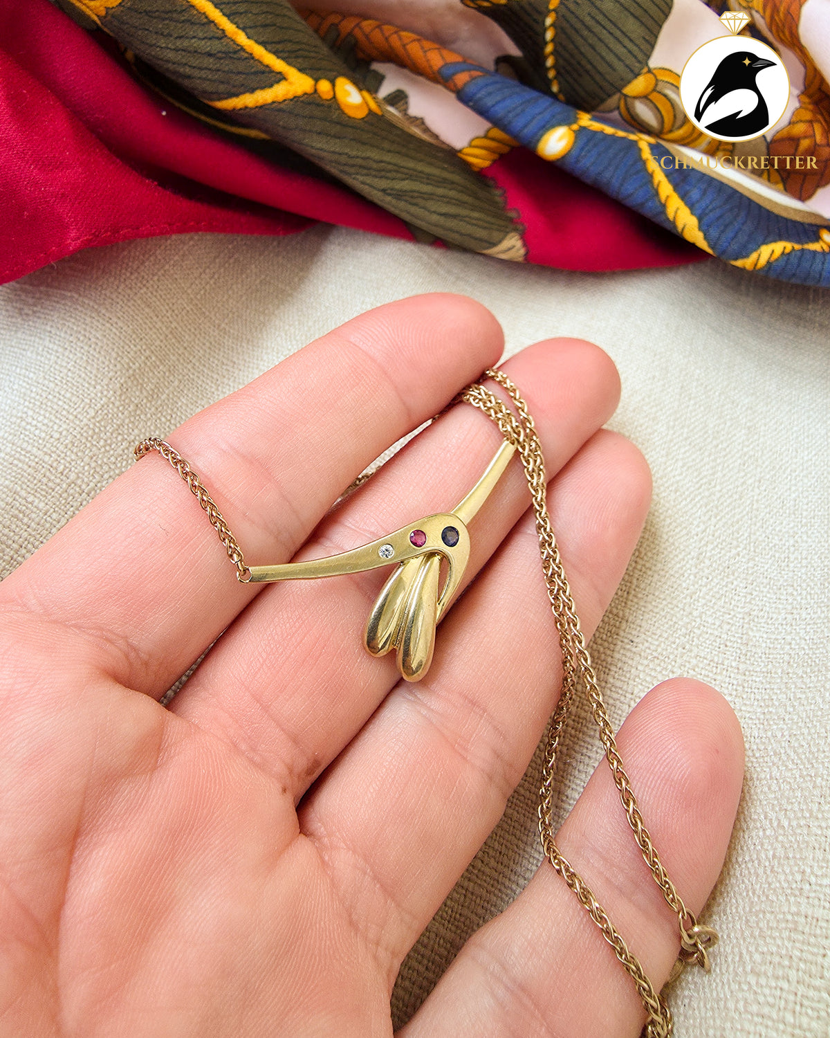 333 Goldcollier mit Rubin, Saphir & Zirkonia – Vintage von Theodor Klotz