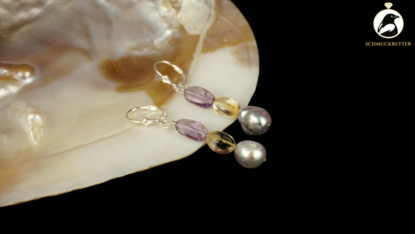 Ohrringe 'Fliederhonig' aus 925 Silber - mit Citrin, Amethyst, Perlen