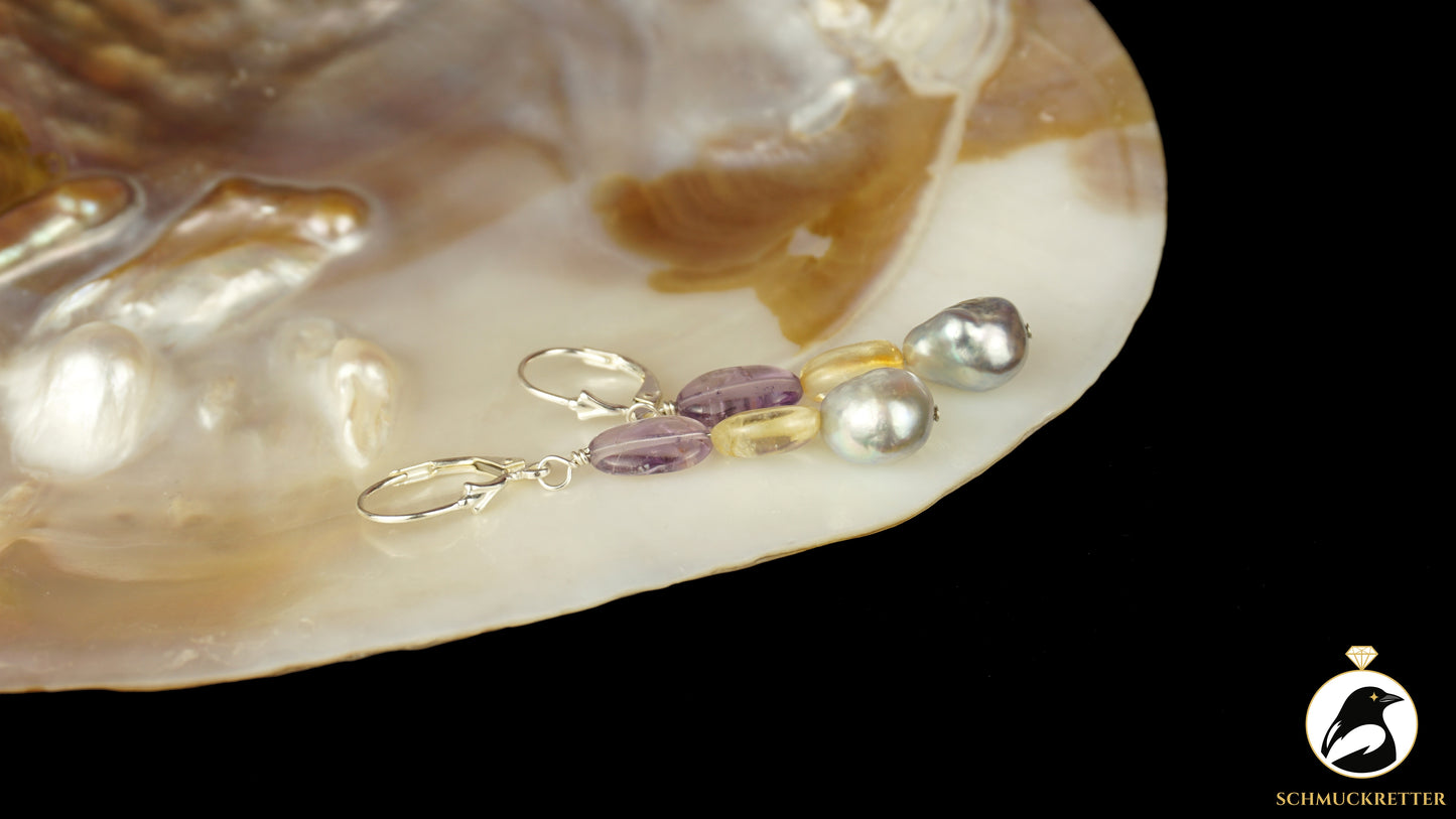 Ohrringe 'Fliederhonig' aus 925 Silber - mit Citrin, Amethyst, Perlen