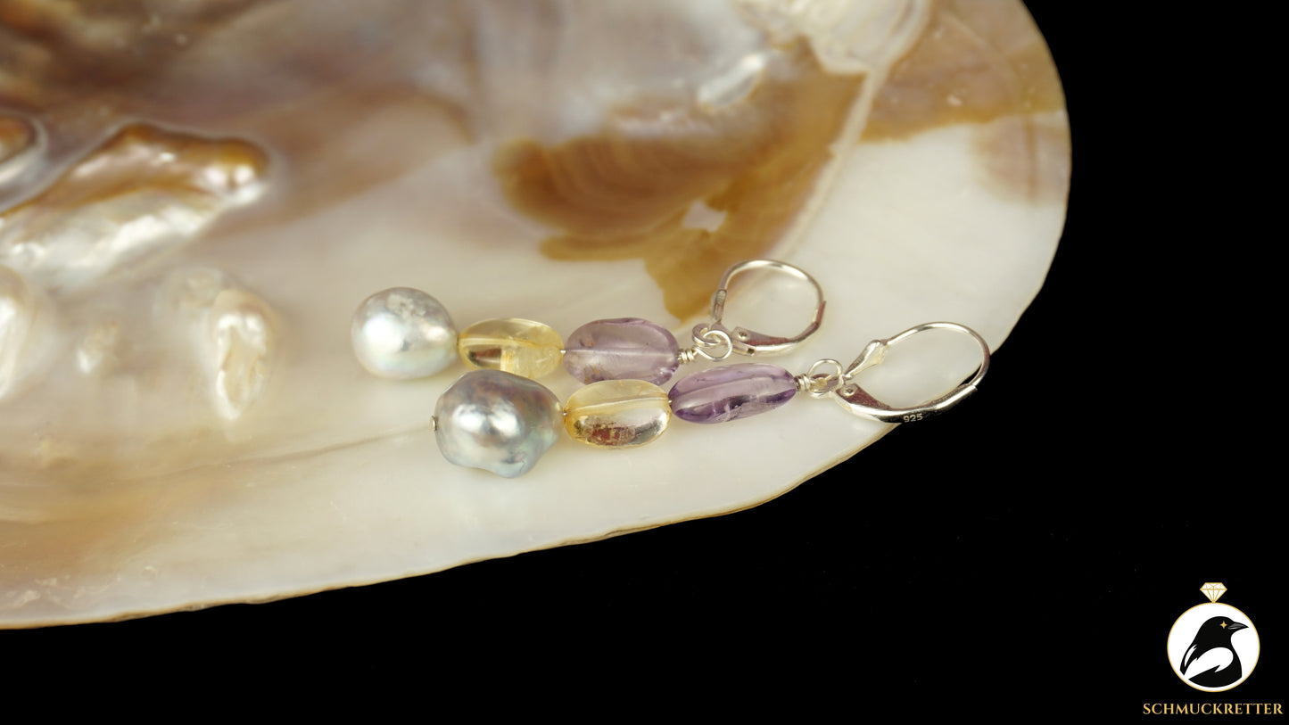 Ohrringe 'Fliederhonig' aus 925 Silber - mit Citrin, Amethyst, Perlen