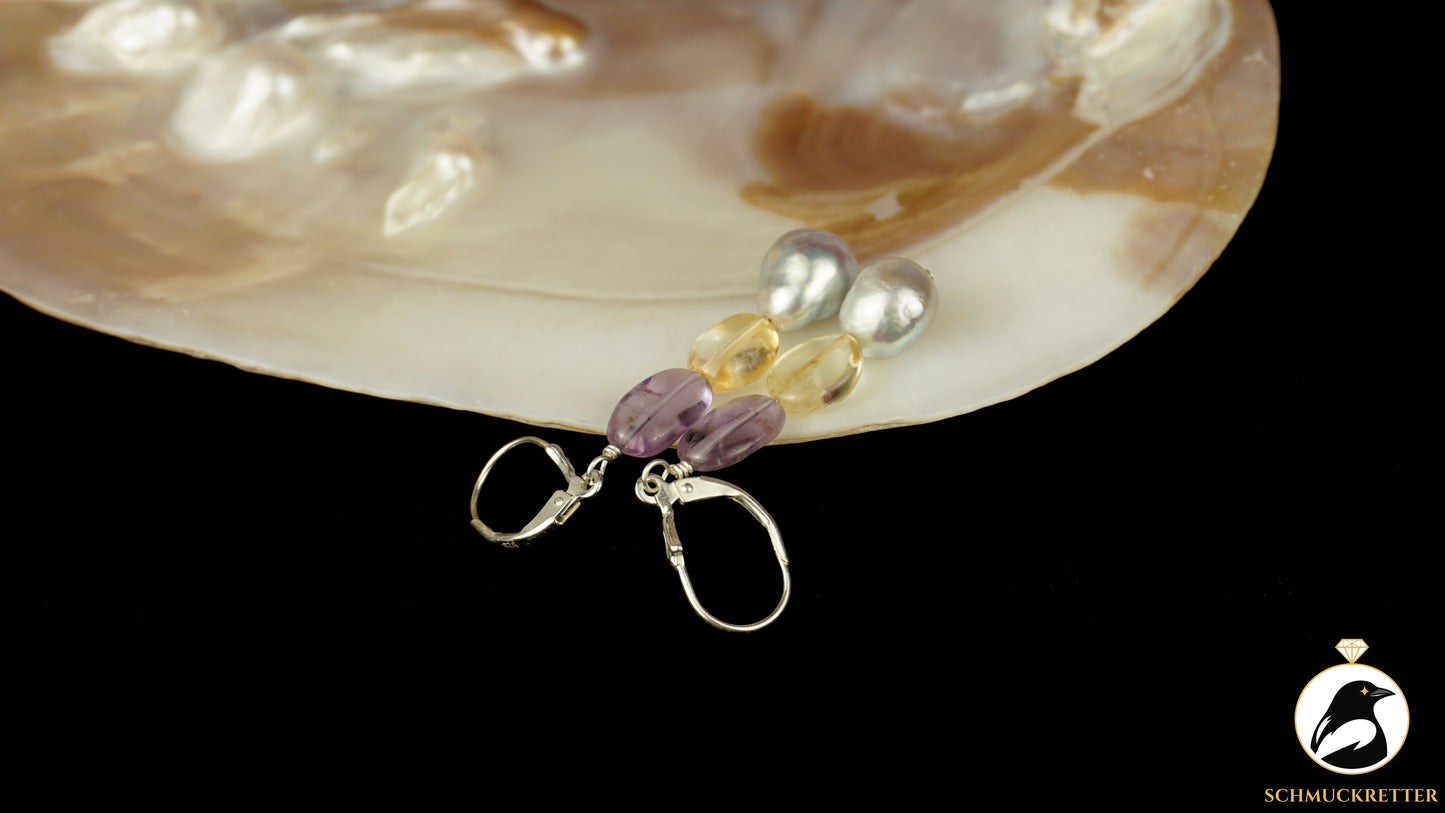Ohrringe 'Fliederhonig' aus 925 Silber - mit Citrin, Amethyst, Perlen