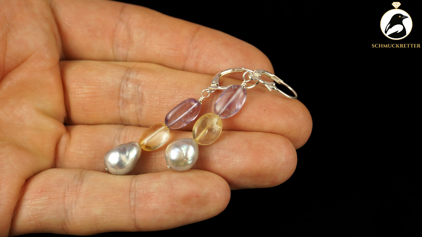 Ohrringe 'Fliederhonig' aus 925 Silber - mit Citrin, Amethyst, Perlen