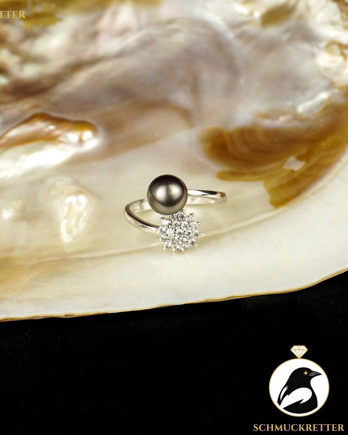 Exklusiver Tahiti-Perlen Ring mit Zirkonia, verstellbar