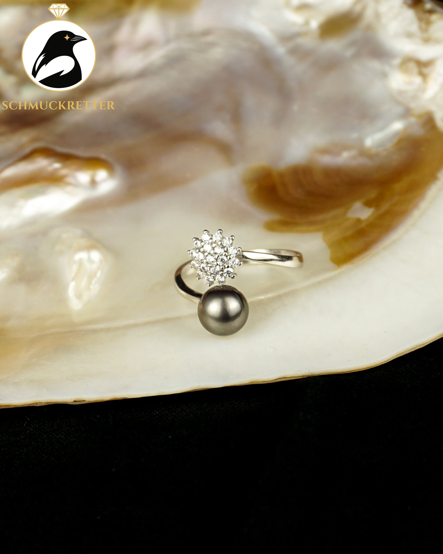 Exklusiver Tahiti-Perlen Ring mit Zirkonia, verstellbar